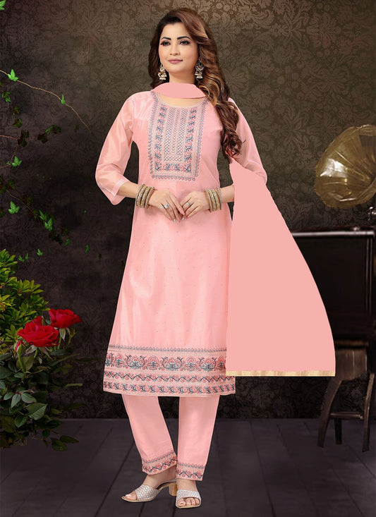 Pant Style Suit Chanderi Silk Pink Embroidered Salwar Kameez
