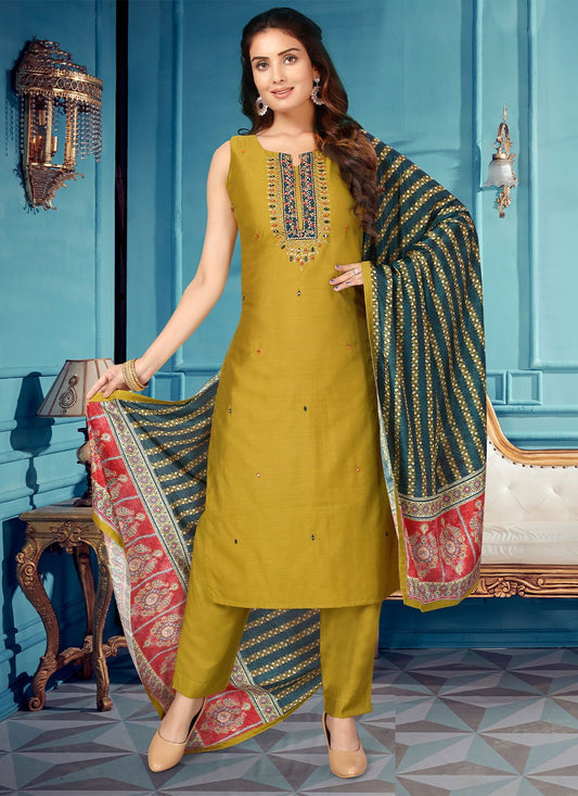 Pant Style Suit Chanderi Silk Green Embroidered Salwar Kameez