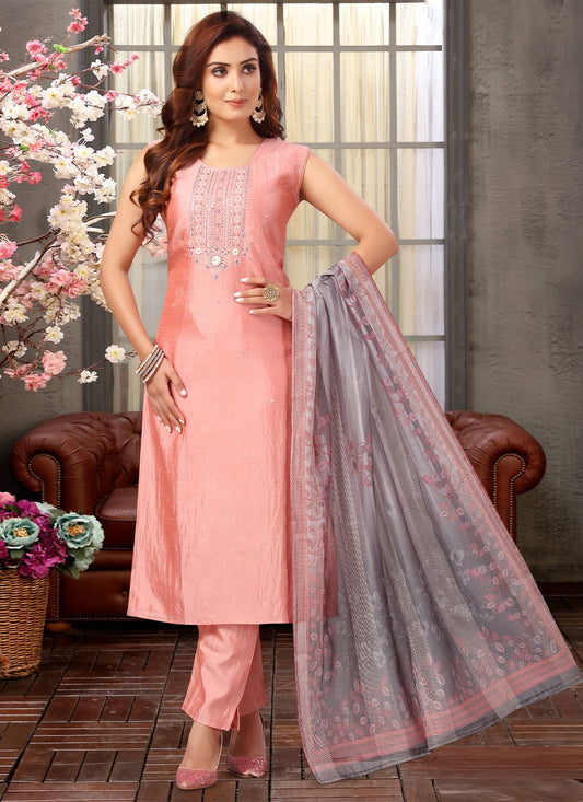 Pant Style Suit Silk Pink Embroidered Salwar Kameez