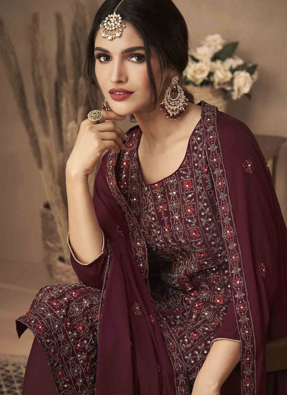 Pant Style Suit Chinon Wine Embroidered Salwar Kameez