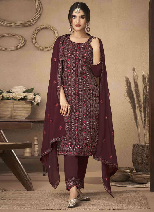 Pant Style Suit Chinon Wine Embroidered Salwar Kameez