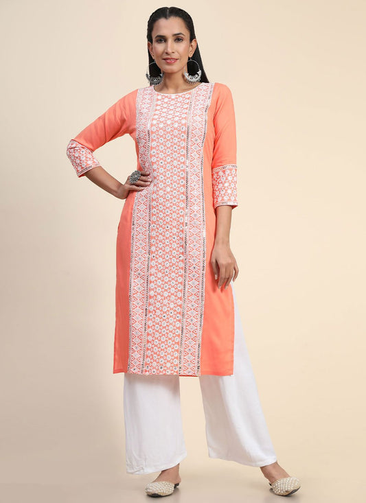 Party Wear Kurti Rayon Orange Embroidered Kurtis