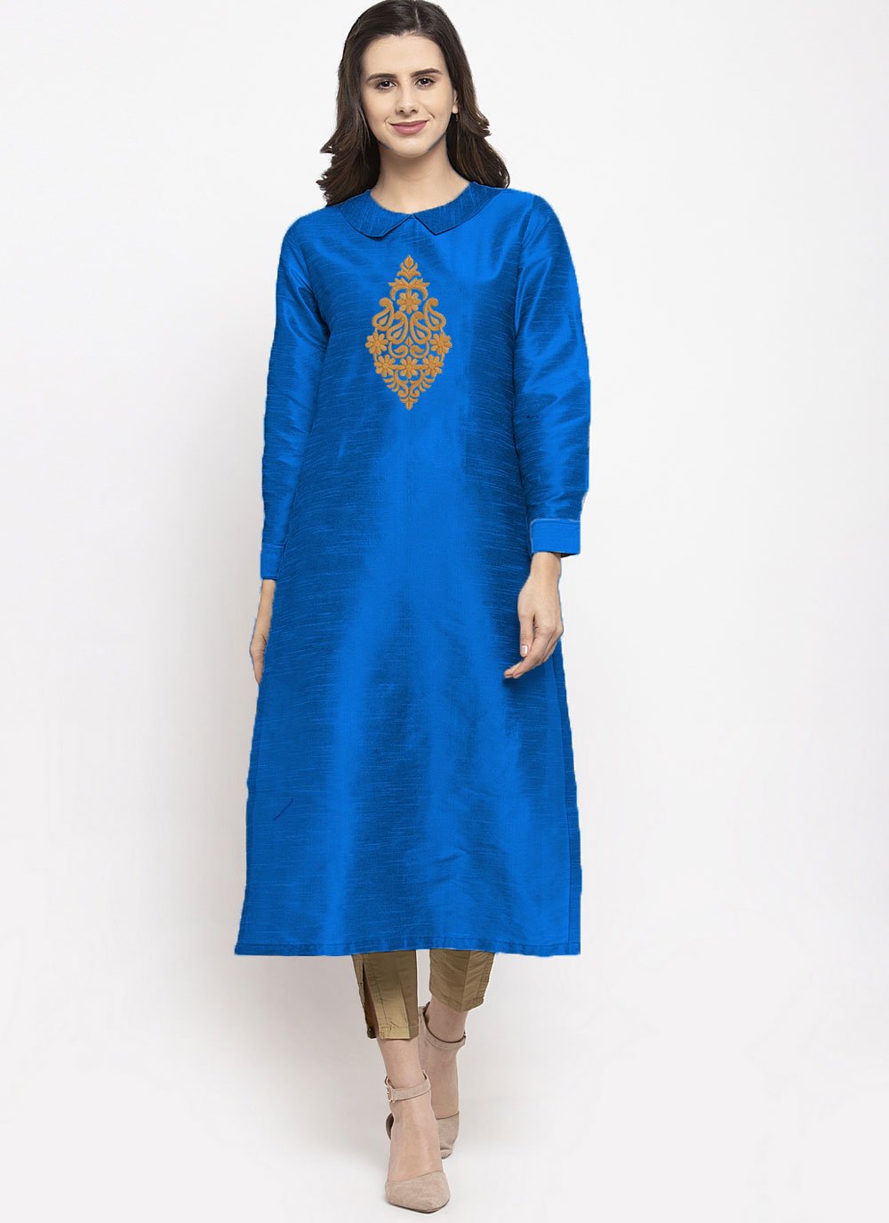 Party Wear Kurti Dupion Silk Blue Embroidered Kurtis