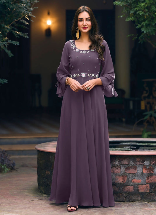 Gown Georgette Mauve Embroidered Gown