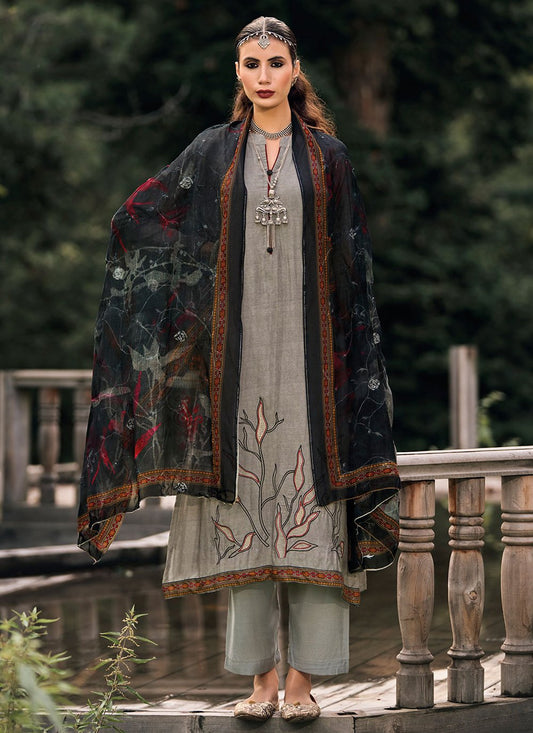 Salwar Suit Silk Grey Embroidered Salwar Kameez