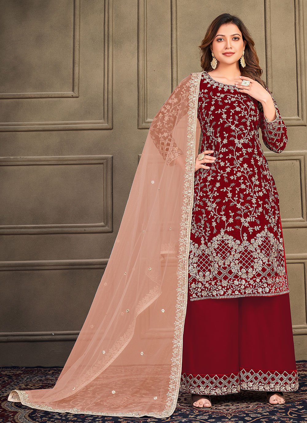 Salwar Suit Velvet Maroon Embroidered Salwar Kameez