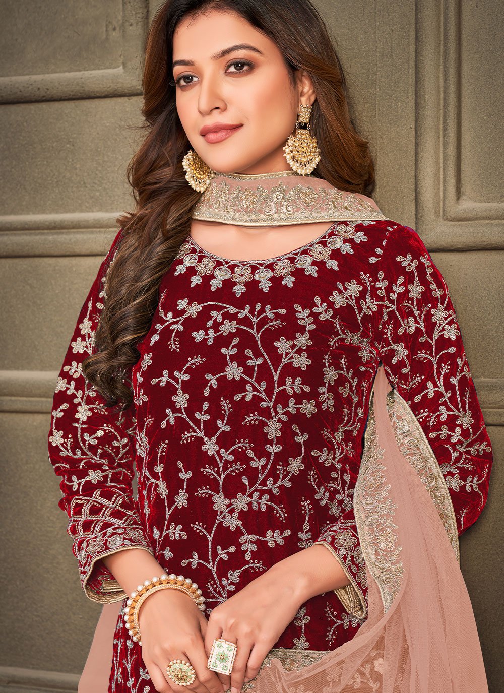 Salwar Suit Velvet Maroon Embroidered Salwar Kameez