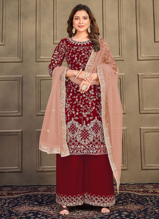 Salwar Suit Velvet Maroon Embroidered Salwar Kameez