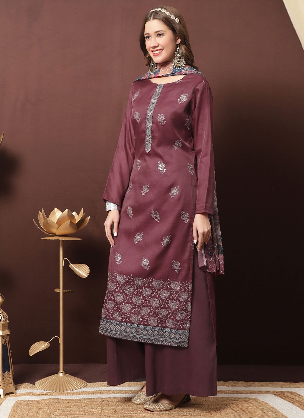 Salwar Suit Silk Maroon Embroidered Salwar Kameez