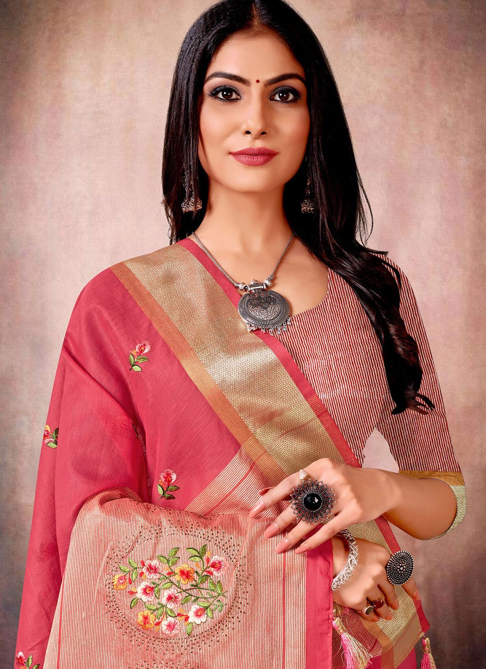 Classic Linen Silk Pink Embroidered Saree