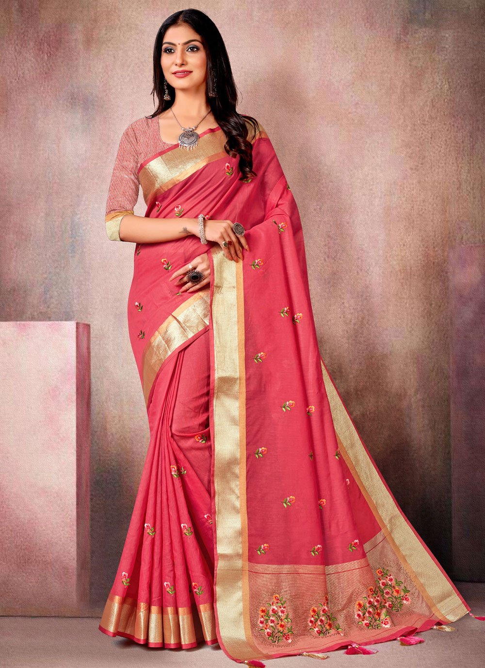 Classic Linen Silk Pink Embroidered Saree