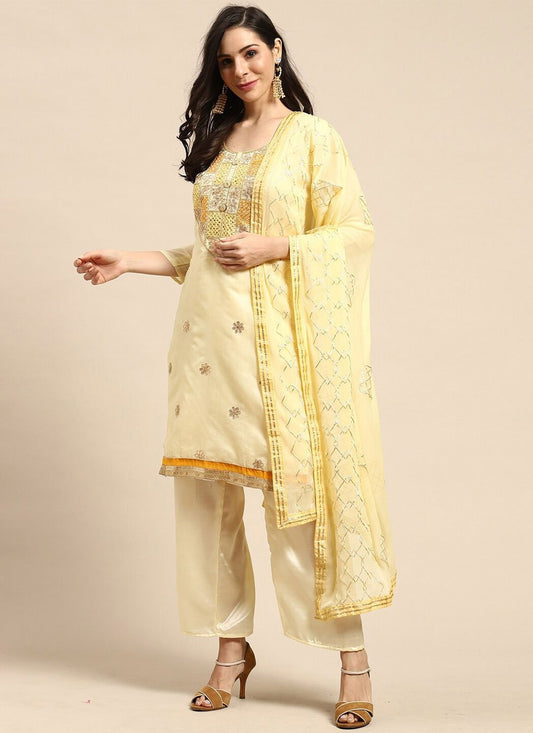 Straight Salwar Suit Silk Blend Cream Embroidered Salwar Kameez