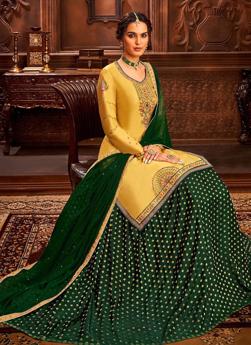 Lehenga Choli Satin Yellow Embroidered Lehenga Choli