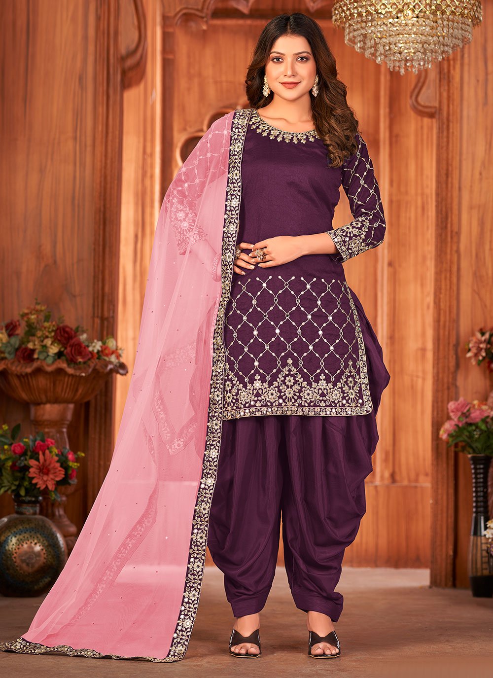 Salwar Suit Art Silk Purple Embroidered Salwar Kameez