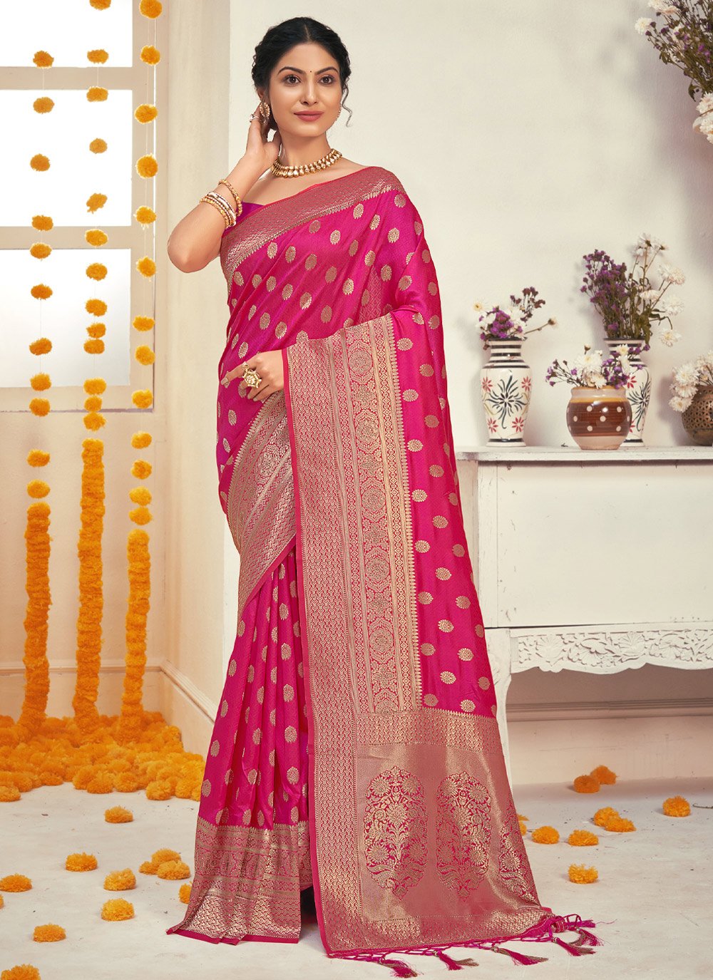 Trendy Saree Silk Fuchsia Embroidered Saree