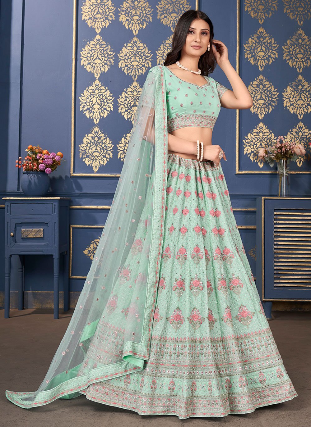 A Line Lehenga Georgette Sea Green Embroidered Lehenga Choli