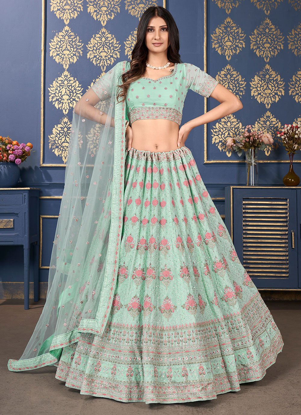 A Line Lehenga Georgette Sea Green Embroidered Lehenga Choli