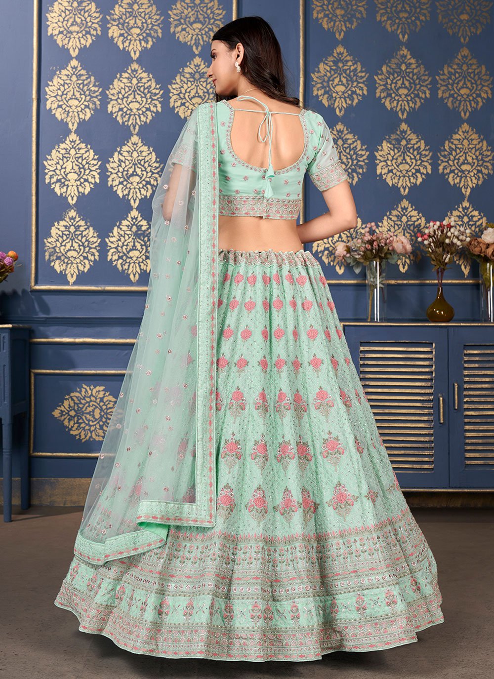 A Line Lehenga Georgette Sea Green Embroidered Lehenga Choli