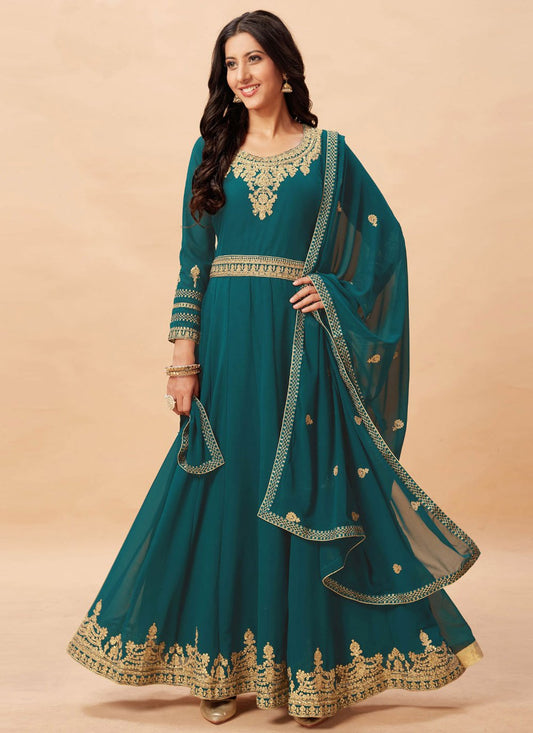 Anarkali Suit Georgette Teal Embroidered Salwar Kameez