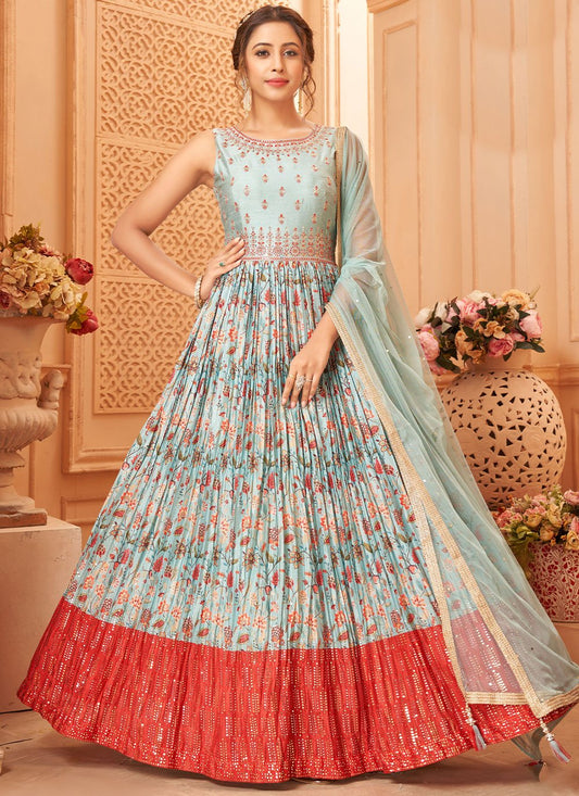 Anarkali Suit Georgette Aqua Blue Embroidered Salwar Kameez