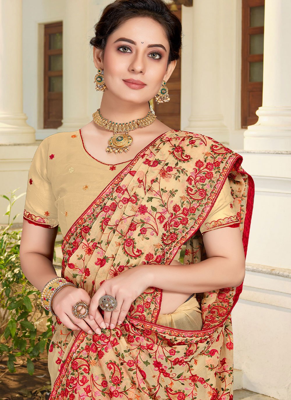 Contemporary Georgette Beige Embroidered Saree