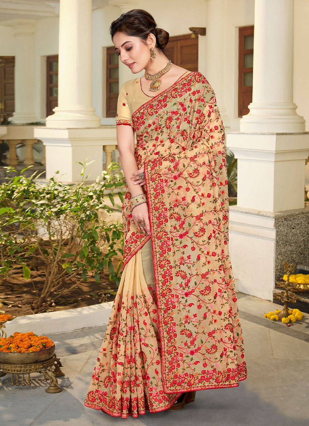 Contemporary Georgette Beige Embroidered Saree