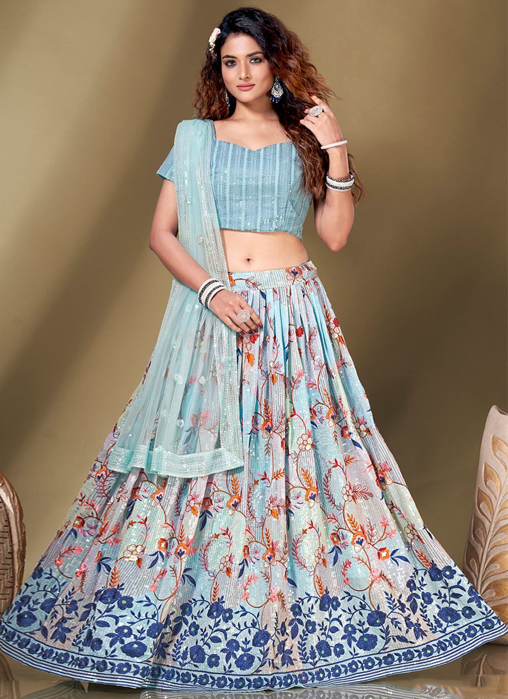 Readymade Lehenga Choli Georgette Viscose Blue Embroidered Lehenga Choli