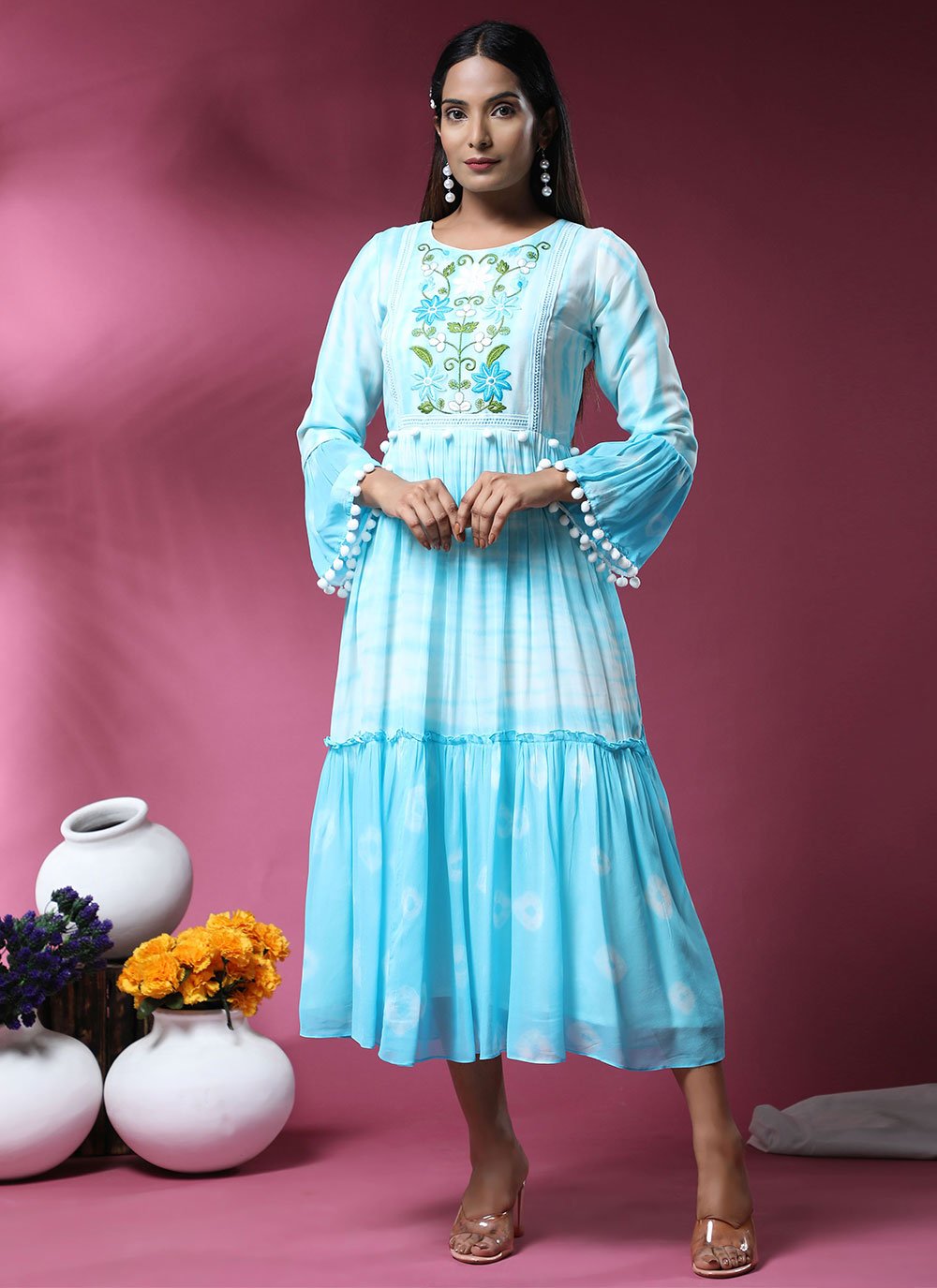 Casual Kurti Georgette Aqua Blue Embroidered Kurtis