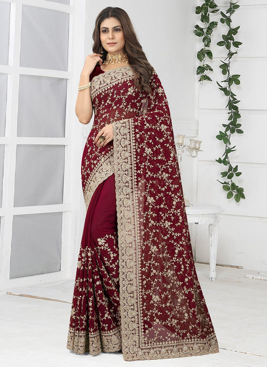 Designer Georgette Maroon Embroidered Saree