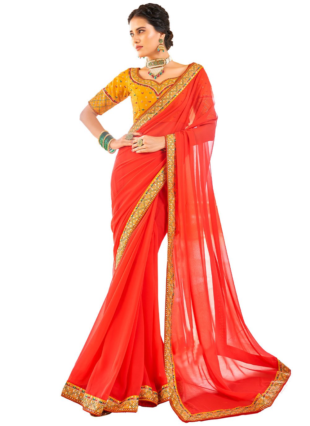 Classic Georgette Red Embroidered Saree