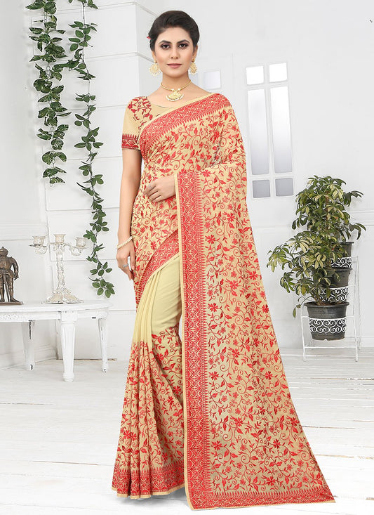 Classic Georgette Cream Embroidered Saree