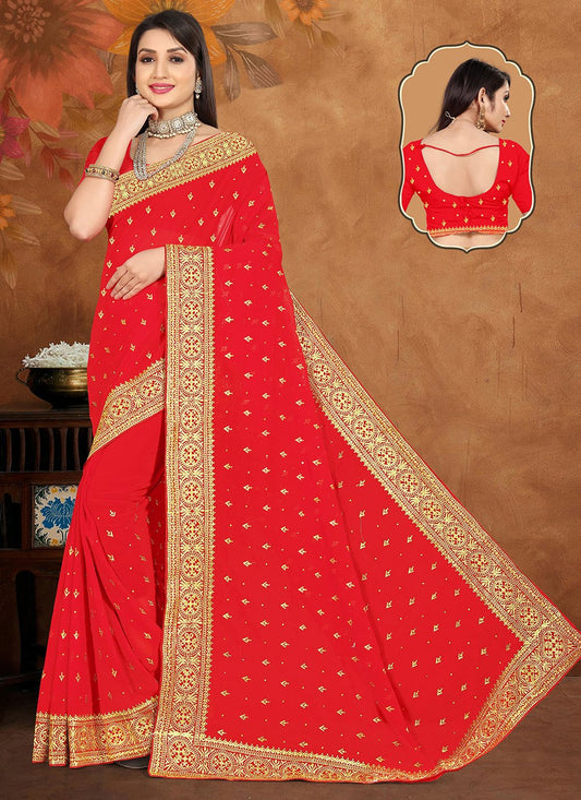 Classic Georgette Red Embroidered Saree