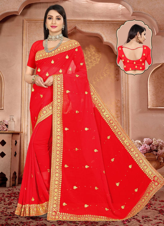 Contemporary Georgette Red Embroidered Saree