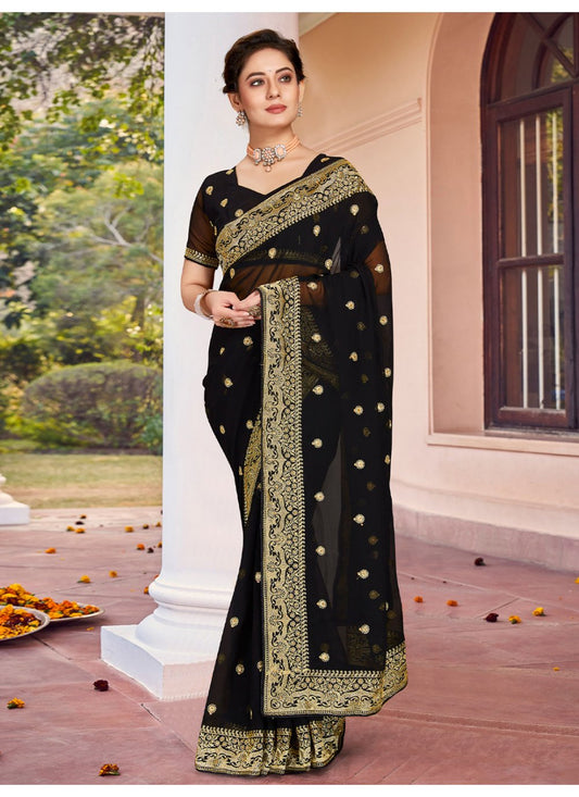 Contemporary Georgette Black Embroidered Saree