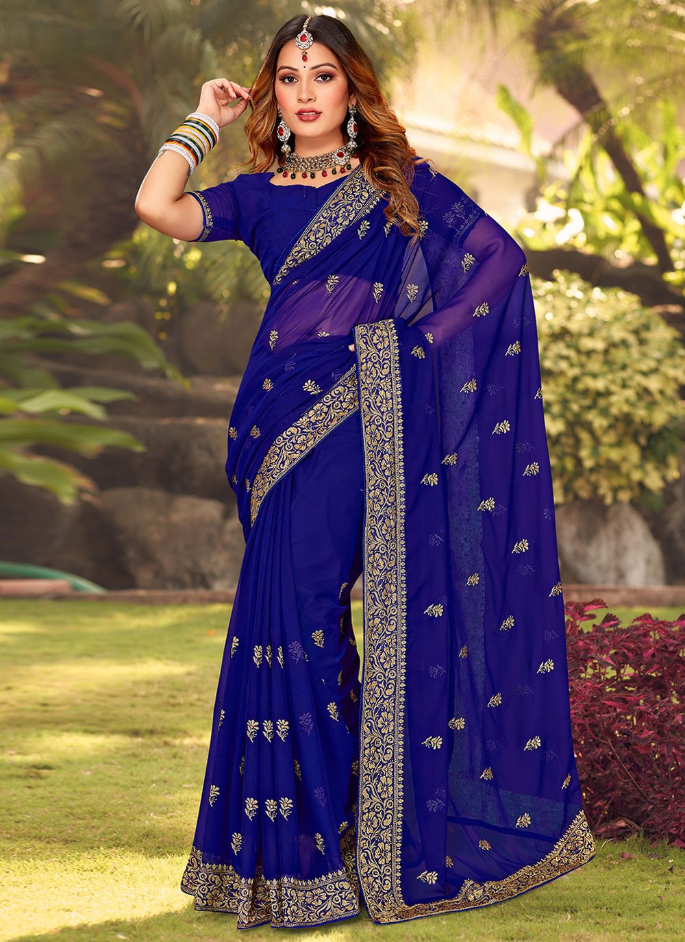 Contemporary Georgette Blue Embroidered Saree