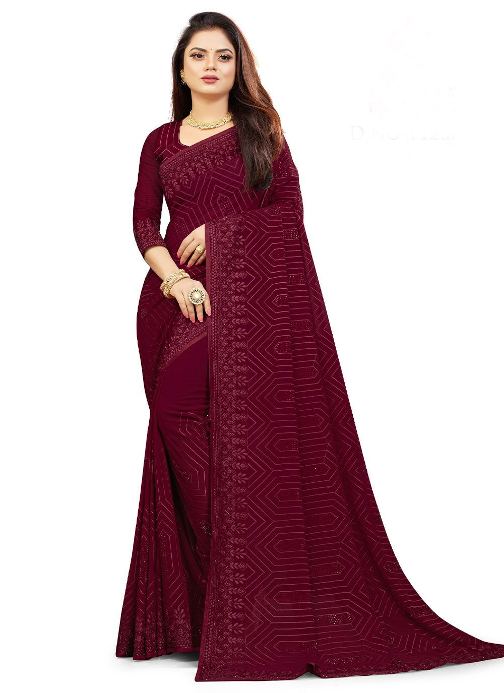 Contemporary Georgette Burgundy Embroidered Saree