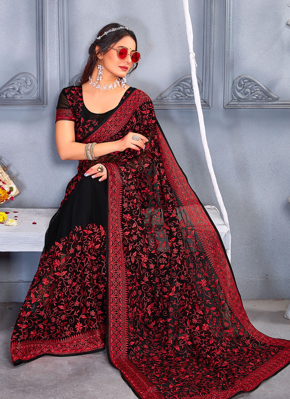 Contemporary Georgette Red Embroidered Saree