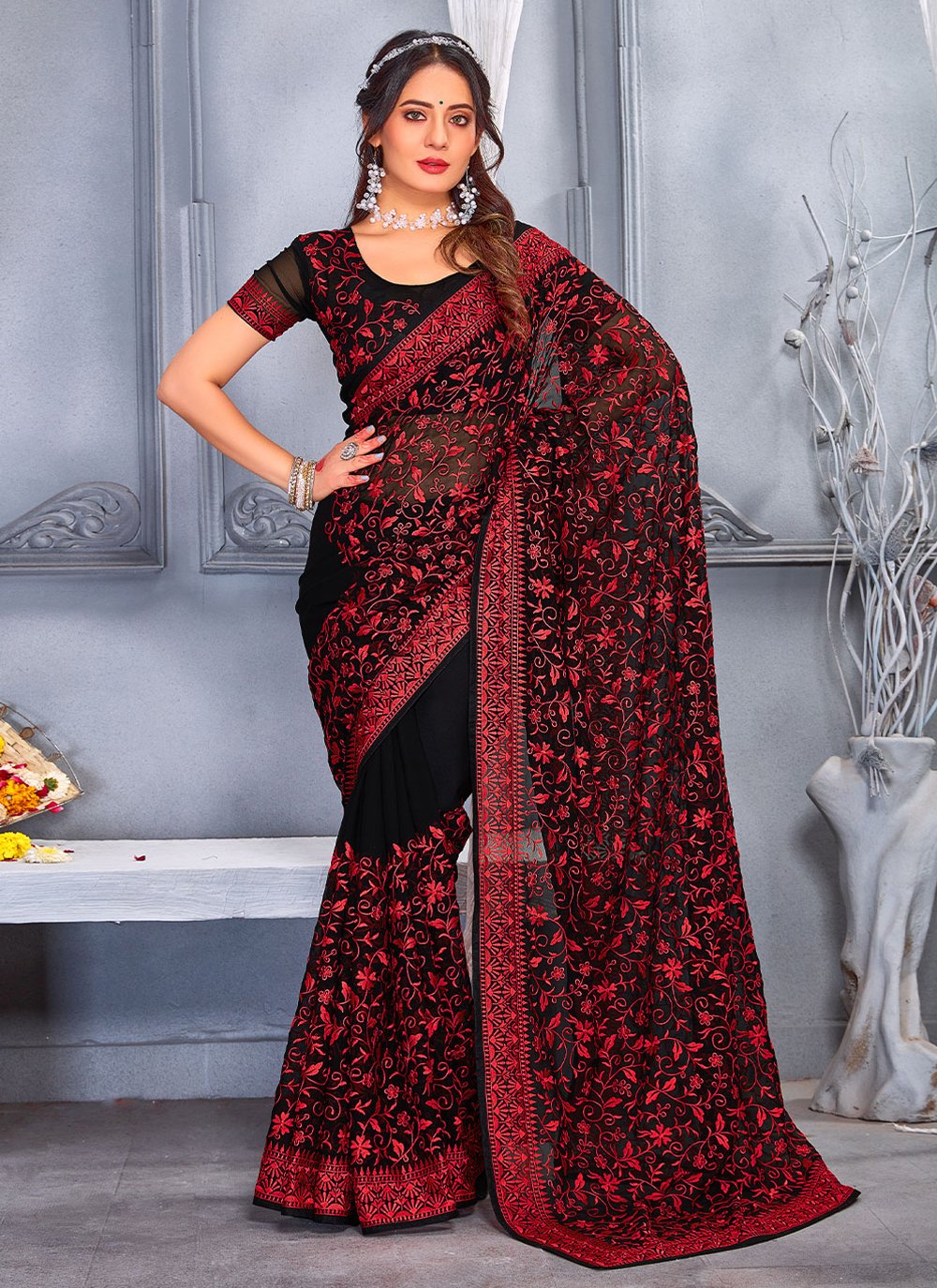 Contemporary Georgette Red Embroidered Saree