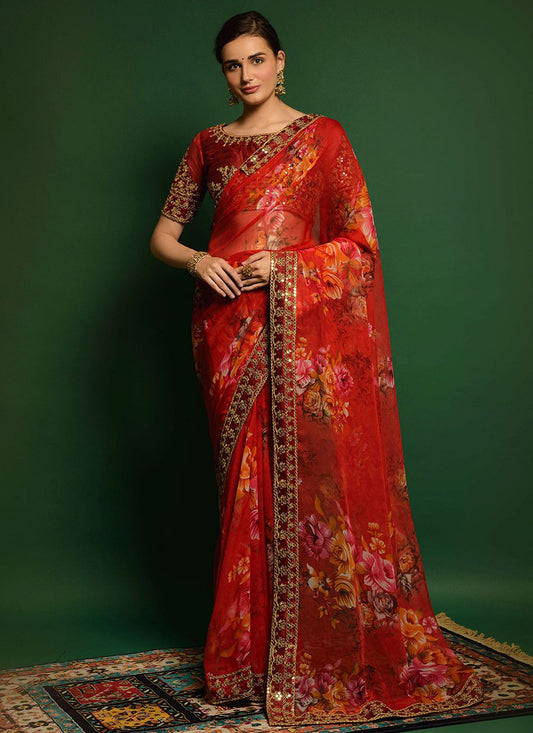 Contemporary Georgette Red Embroidered Saree