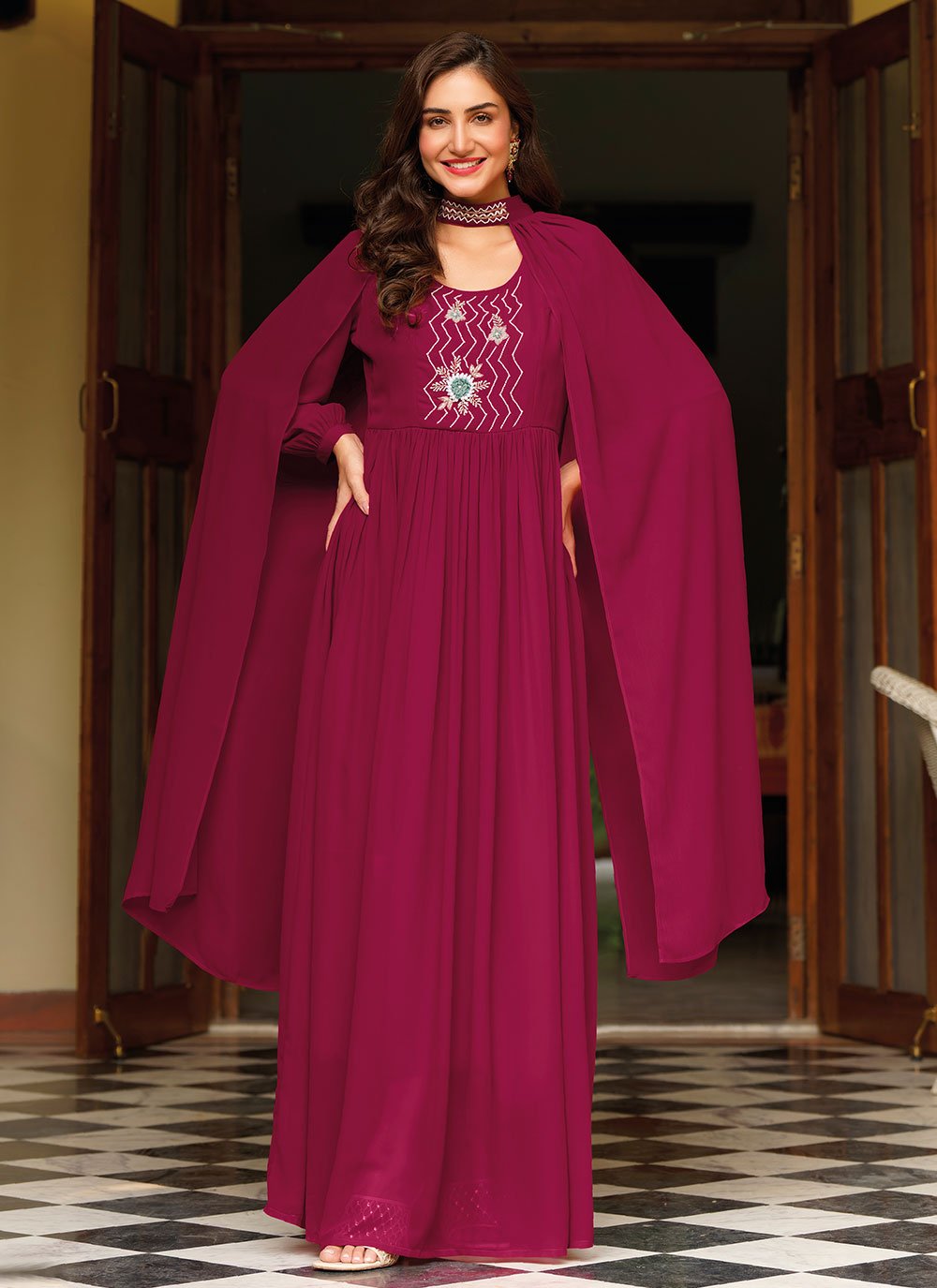 Designer Gown Georgette Rani Embroidered Gown