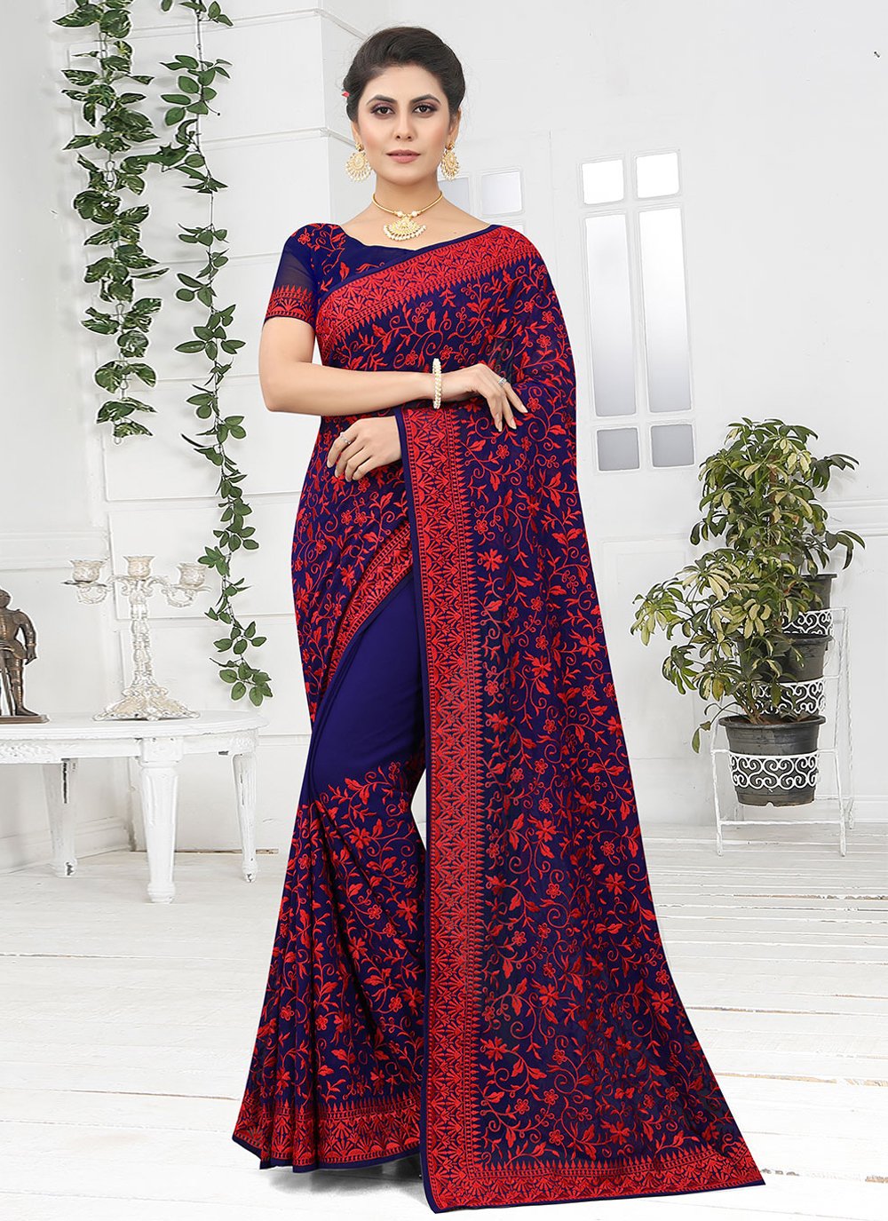 Designer Georgette Blue Embroidered Saree