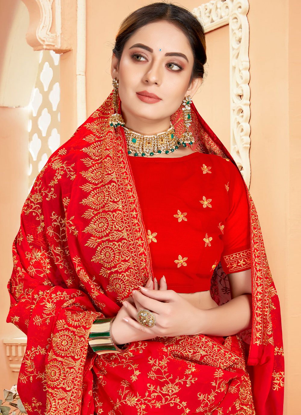 Designer Georgette Red Embroidered Saree