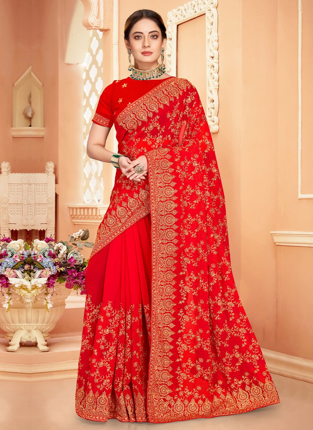 Designer Georgette Red Embroidered Saree