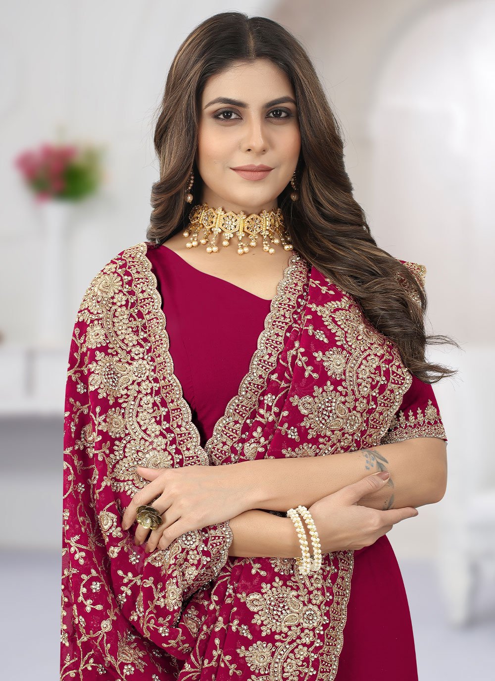 Designer Georgette Red Diamond Saree