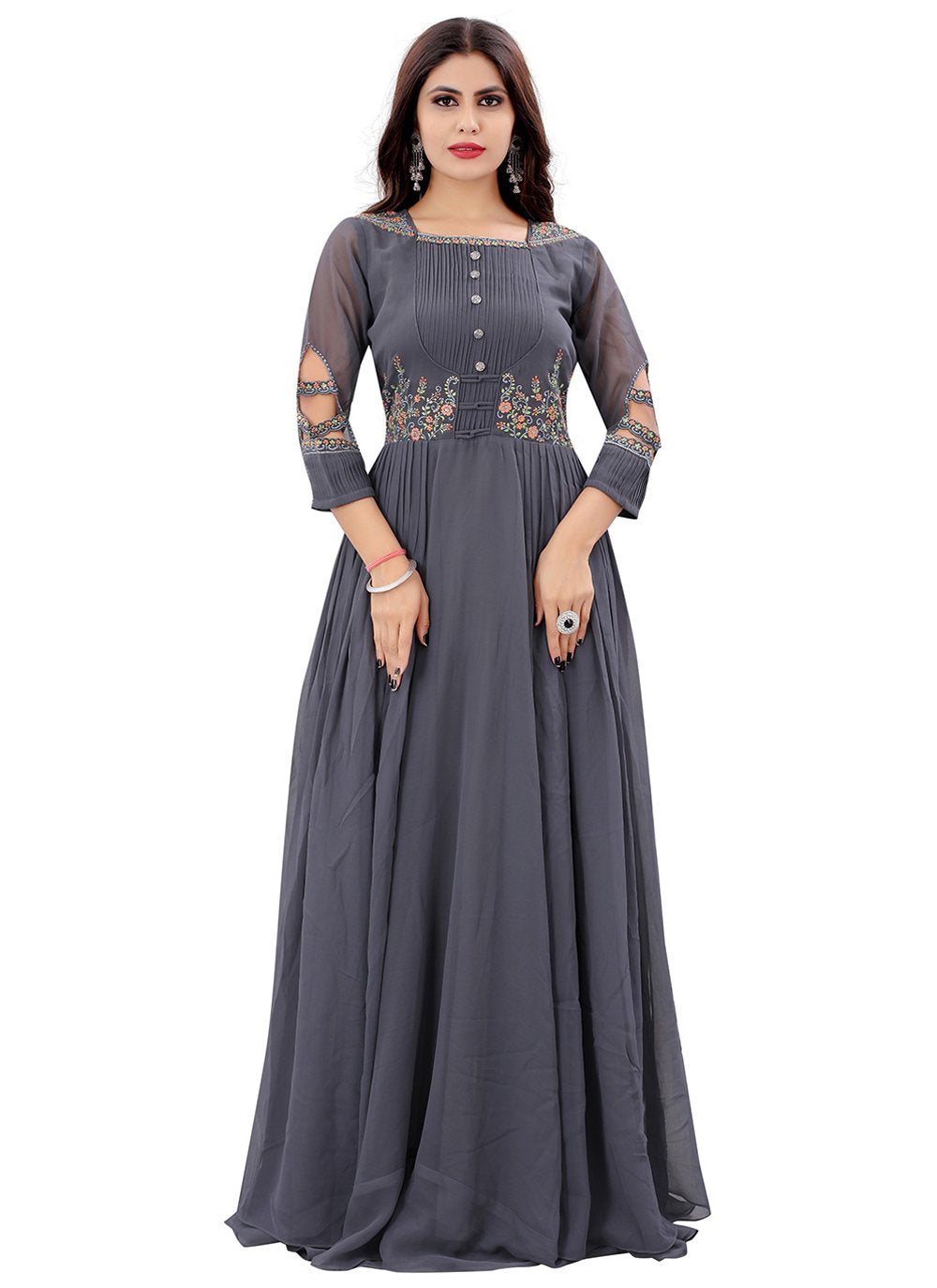 Gown Georgette Grey Embroidered Gown