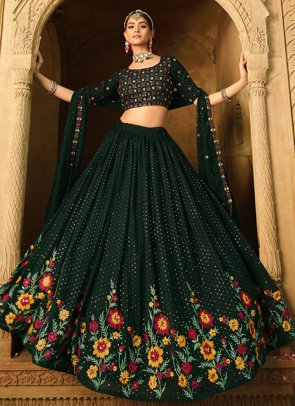 A Line Lehenga Georgette Green Embroidered Lehenga Choli