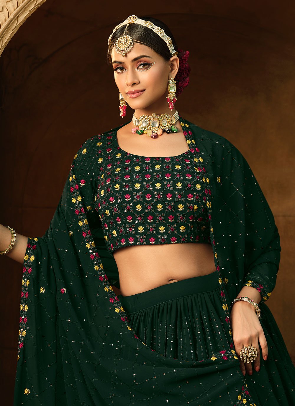 A Line Lehenga Georgette Green Embroidered Lehenga Choli