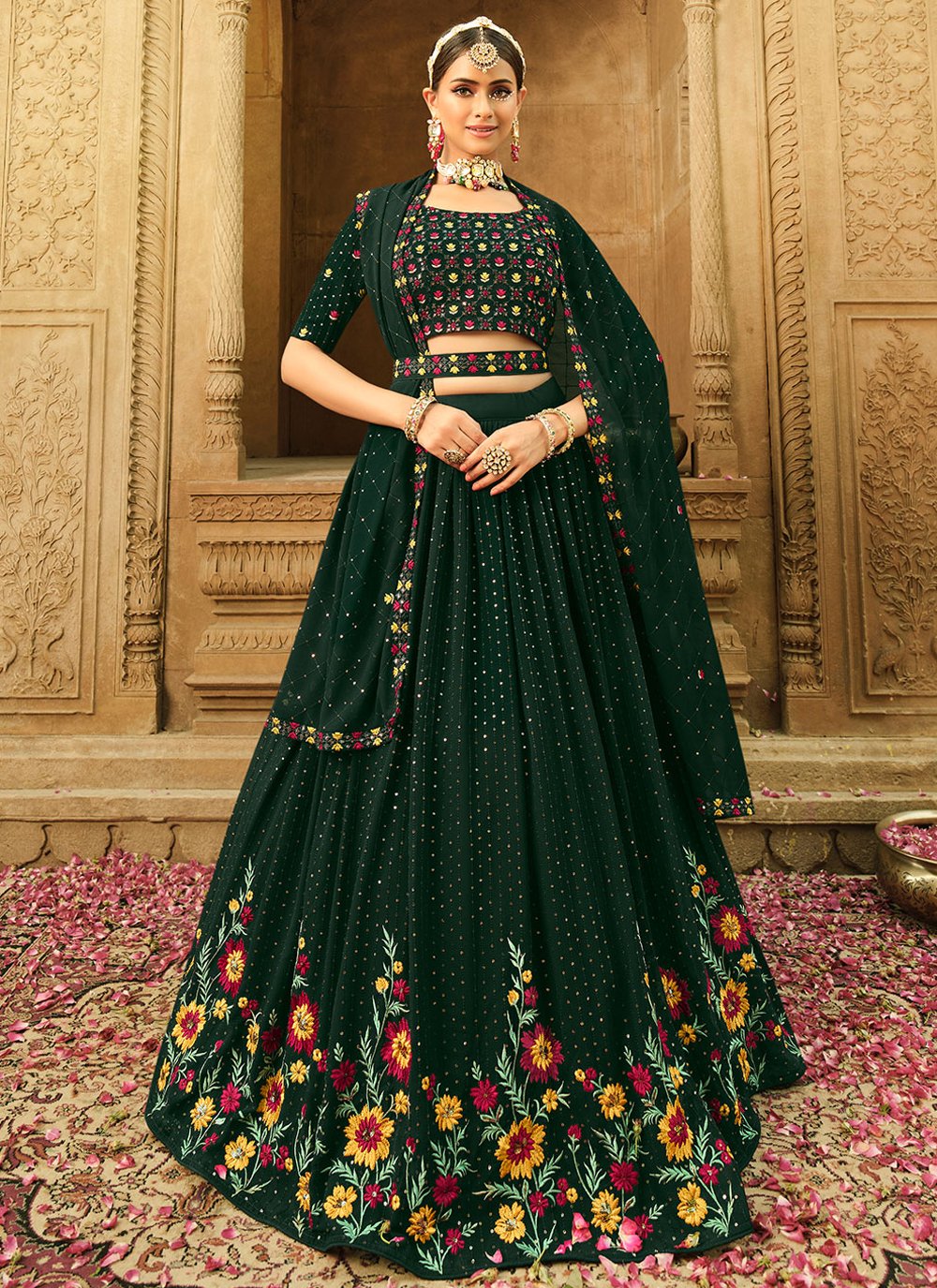 A Line Lehenga Georgette Green Embroidered Lehenga Choli