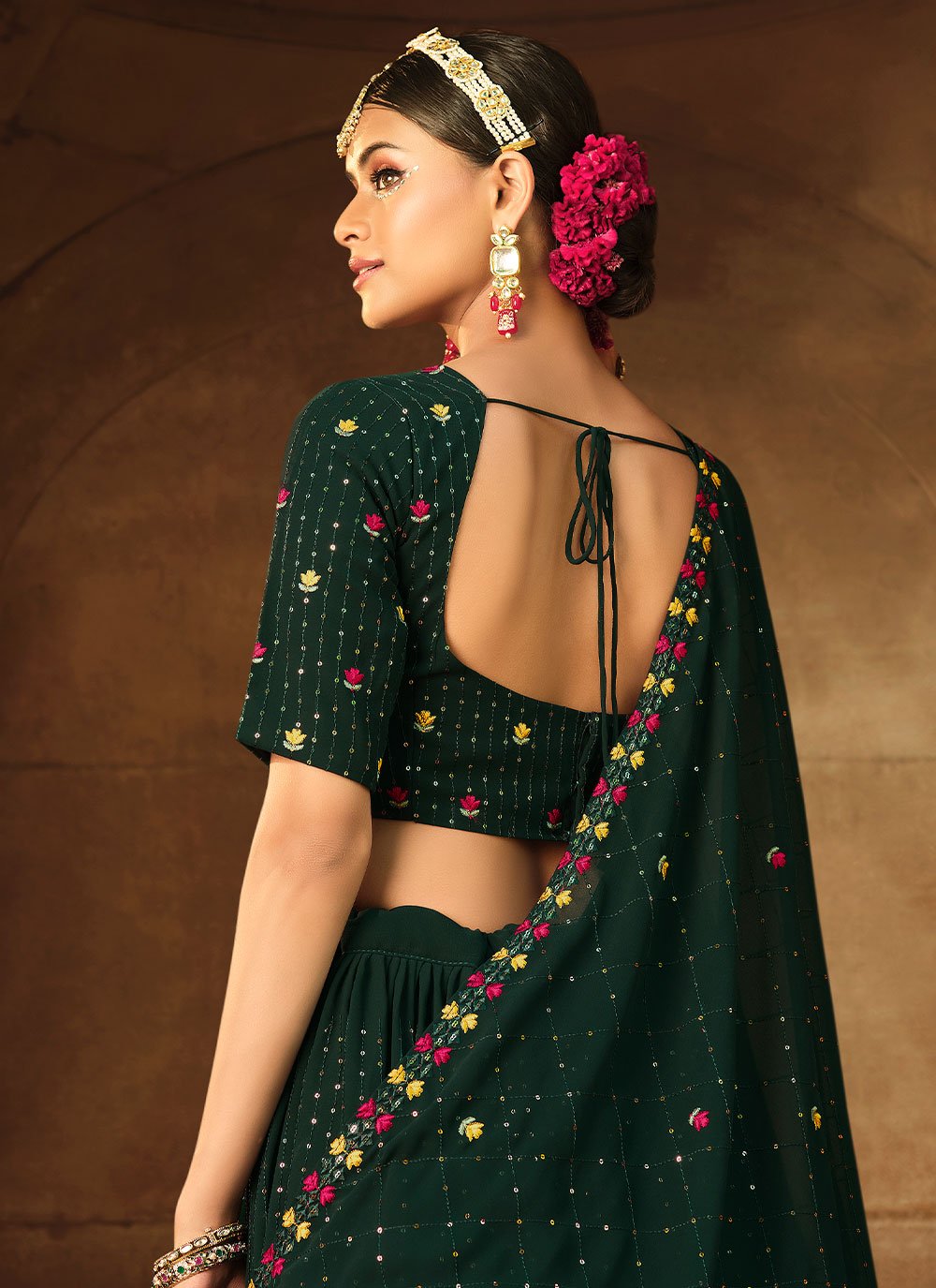 A Line Lehenga Georgette Green Embroidered Lehenga Choli