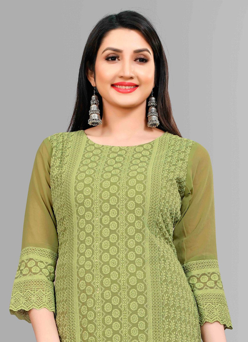 Designer Kurti Chiffon Georgette Green Embroidered Kurtis